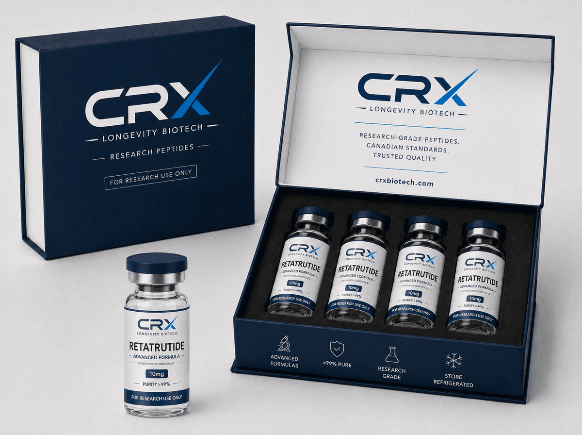 CRX Longevity Biotech navy and white peptide packaging